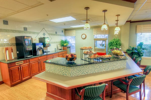 Interior view of a dining area with snacks and drinks