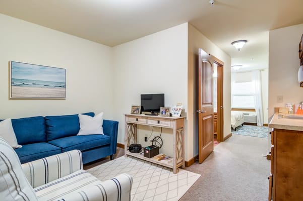 Interior of a private resident room with cozy furnishings