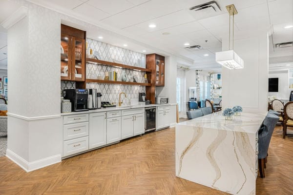 Bright kitchen area in a senior living facility