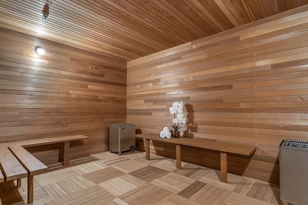 Interior view of a wooden relaxation room