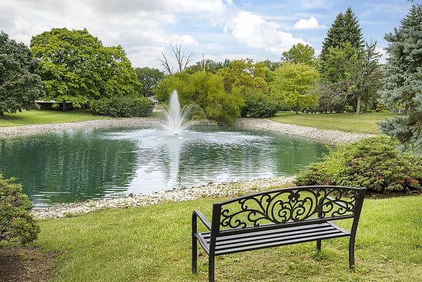 Scenic view of a pond with a fountain and bench