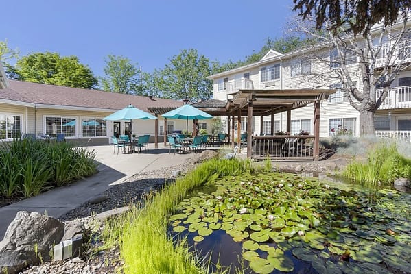 Outdoor seating area with a pond and greenery