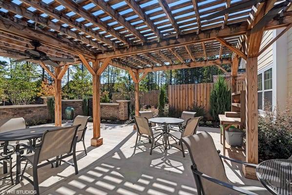 Outdoor patio area with shaded seating