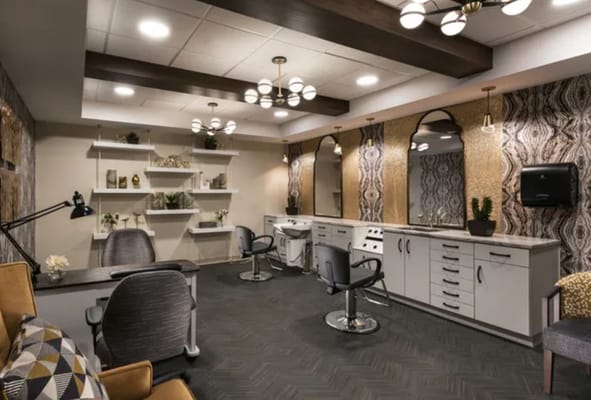 Beauty salon area with styling stations