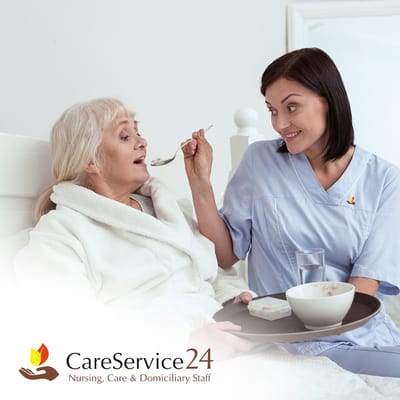 CareService24 logo with caregiver helping resident