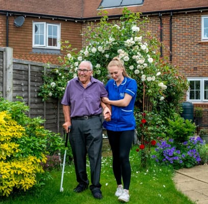 Caregiver assisting resident in a garden