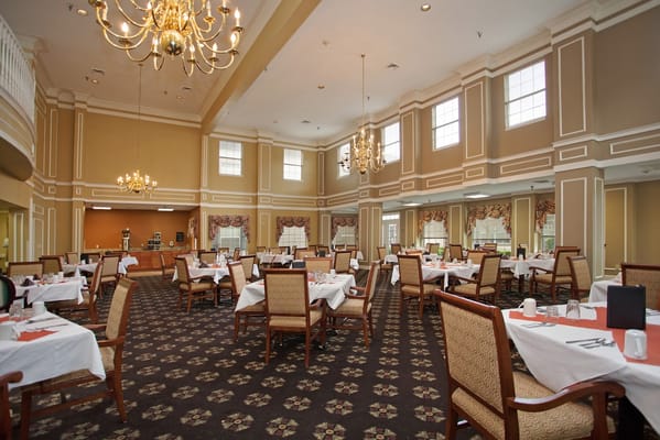 Elegant dining room at a senior living facility