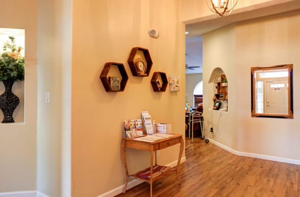 Interior hallway with wooden decor and informational materials