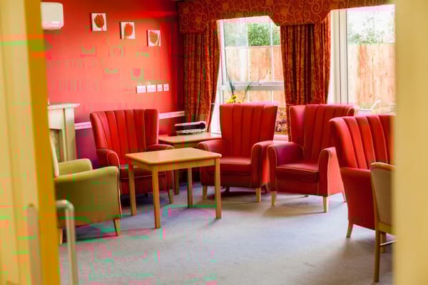 Bright common area with colorful seating