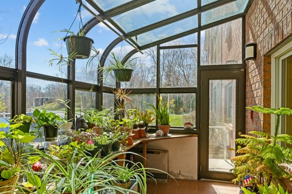 A sunroom with various potted plants and large windows.