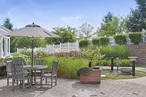 Outdoor seating area with plants and umbrella