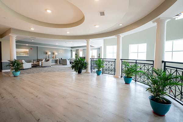 Bright, airy common area with plants and seating
