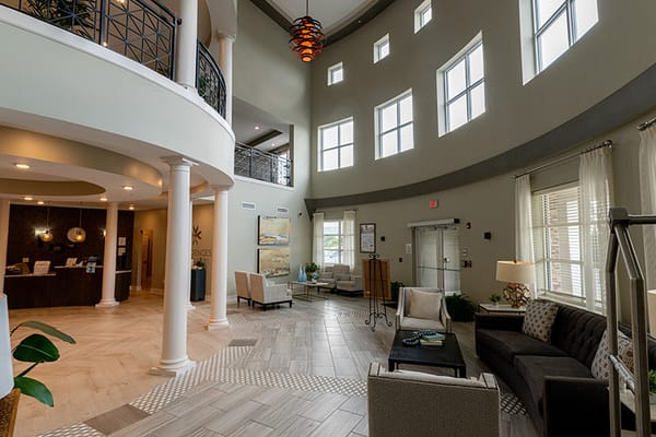 Bright interior of the facility's lobby with comfortable seating