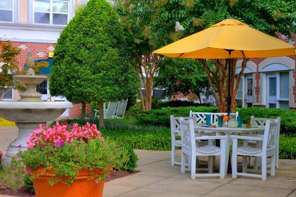 Outdoor seating area with fountain and flowers