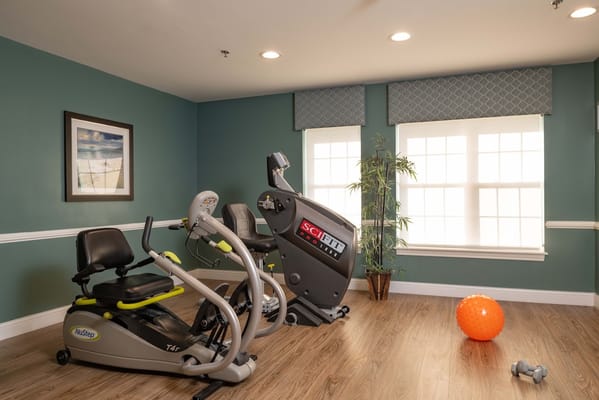 Fitness equipment in a bright activity room