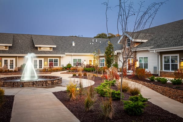 Beautifully landscaped outdoor space with fountain