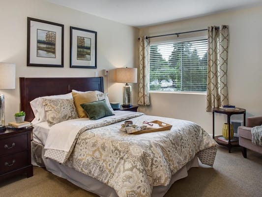 Cozy private resident bedroom with decor and natural light