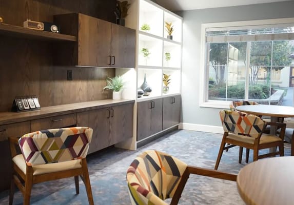 Bright interior of a common area with colorful chairs