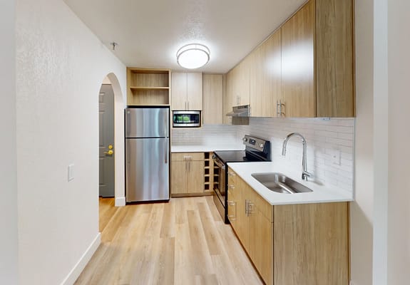 Modern kitchen in a senior living facility apartment