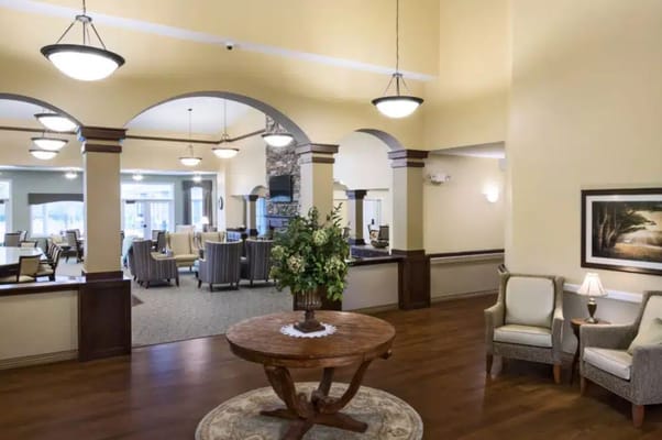Bright common area in a senior living facility