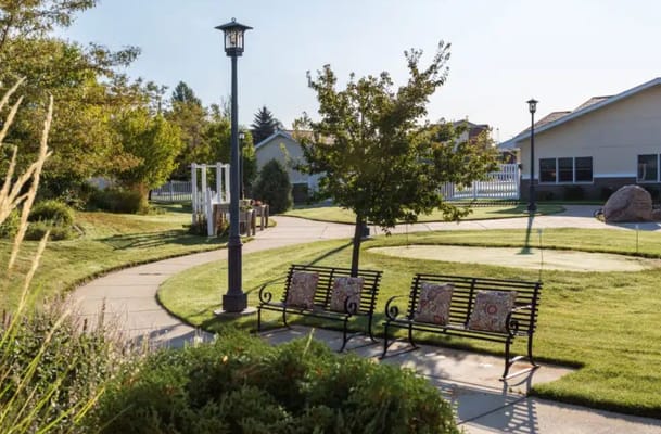 Benches in a landscaped garden area.