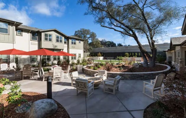Outdoor seating area with shaded umbrellas and landscaping