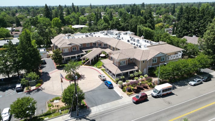 Aerial view of Sunrise of Carmichael showing the building and entrance area.
