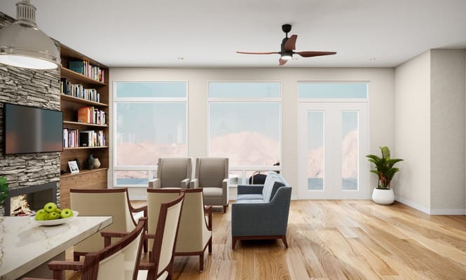 A modern common area with ample seating and natural light