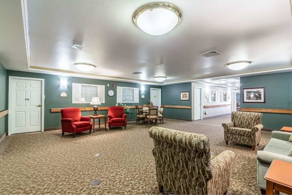 Bright common area with seating and decor