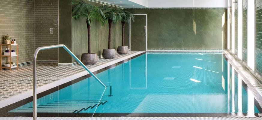 Indoor swimming pool area with palm plants
