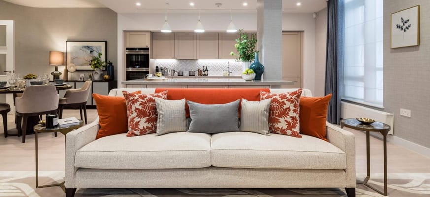 Interior view of a stylish common area in a senior living facility