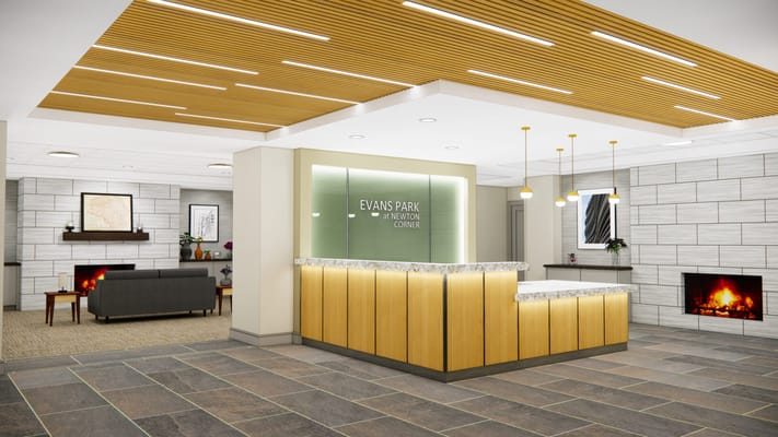 Modern lobby with reception desk and fireplace