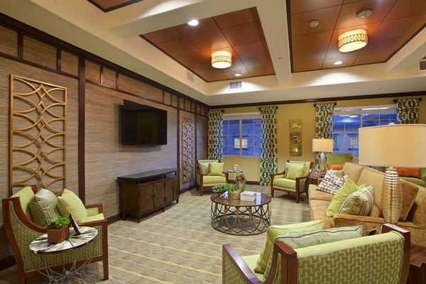 Comfortable living room with green and brown furnishings and a television.