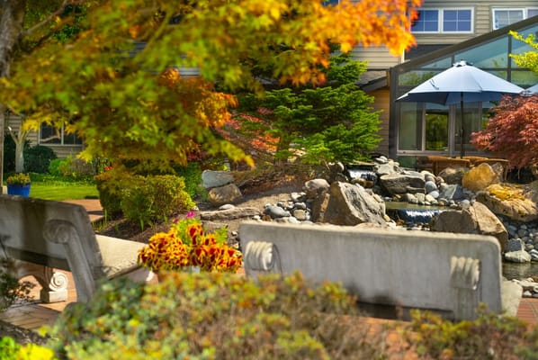 Beautiful garden area with a water feature and seating