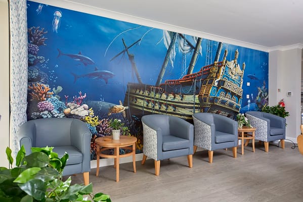 Interior view of a themed lounge area with seating