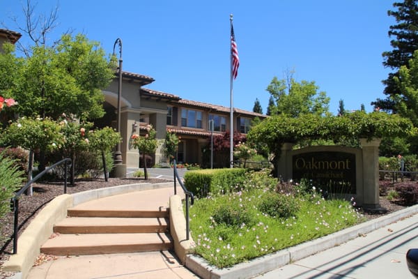 Building exterior with signage and landscaping