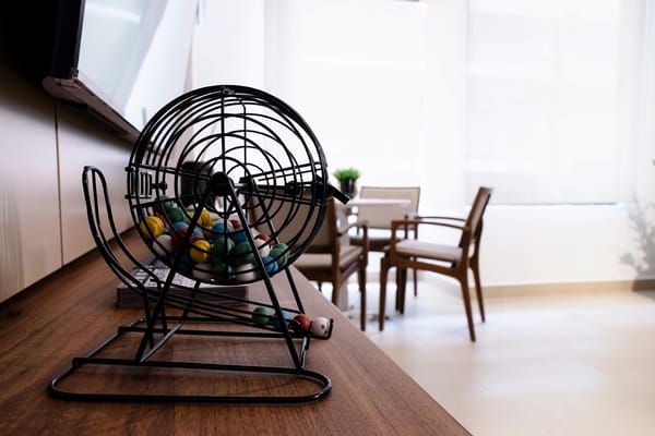 Bingo game setup in a bright activity room