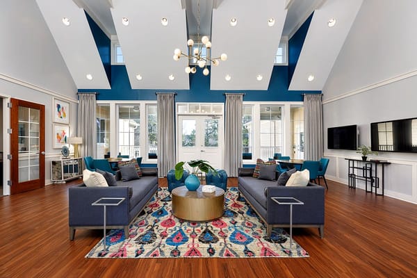 Spacious living room with modern furniture and colorful rug