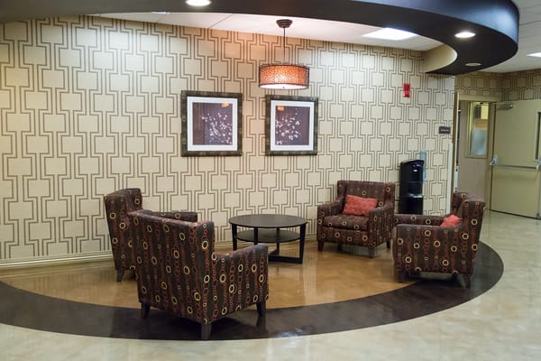 Cozy seating area in a nursing home lobby