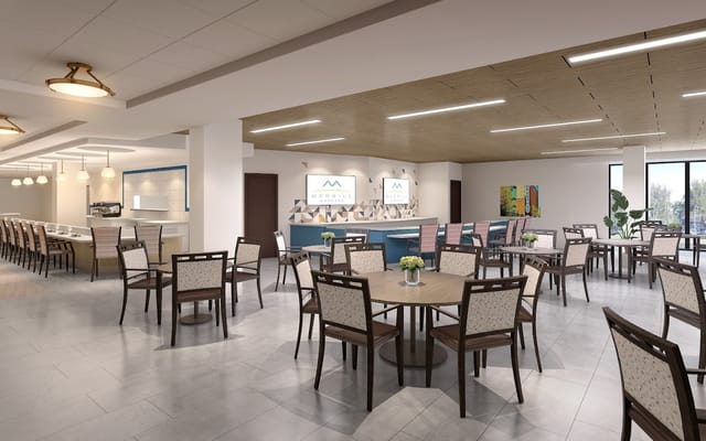 Bright dining area with tables and chairs in an open space