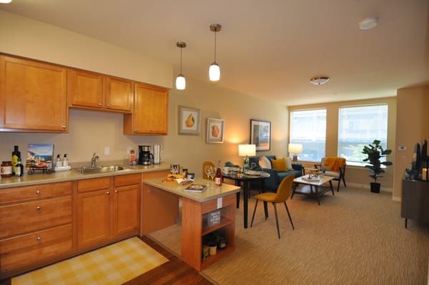 Bright living room with kitchen area and comfortable seating