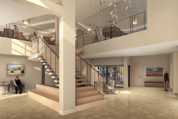 Bright and spacious lobby with residents and staff