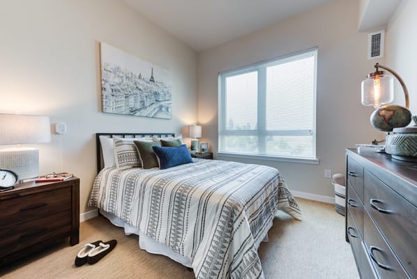 Cozy bedroom with a view and modern decor