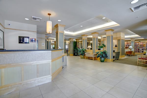 Bright and welcoming lobby area of a senior living facility