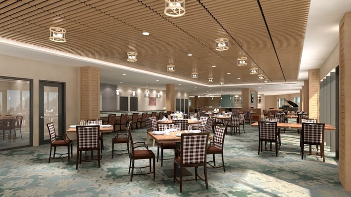 Bright dining room with wooden tables and chairs