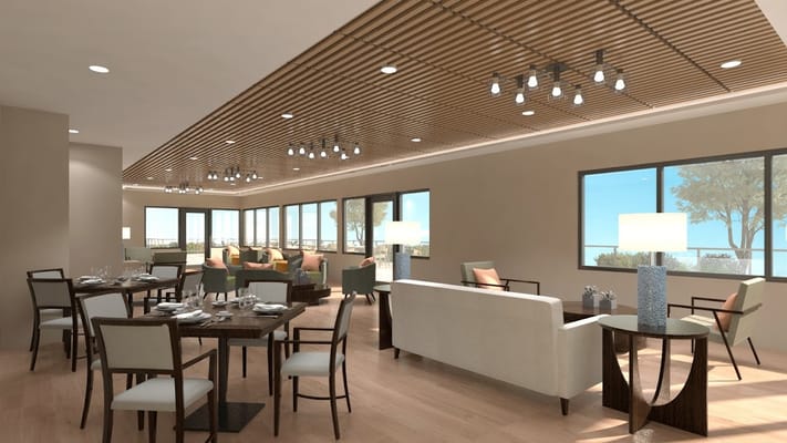 Modern dining area with tables and seating