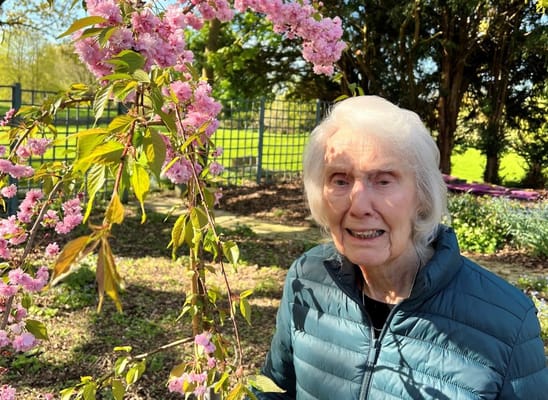 An elderly woman enjoying the outdoors surrounded by blooming flowers.