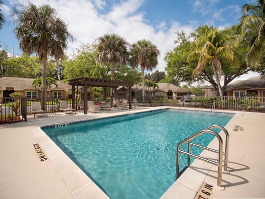 Swimming pool area with palm trees and seating