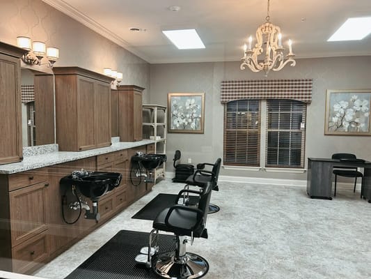 Interior view of the salon with styling chairs and mirrors.