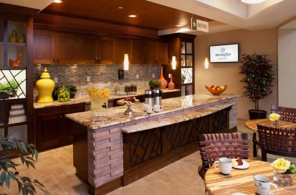 Bright dining area with food and drink options